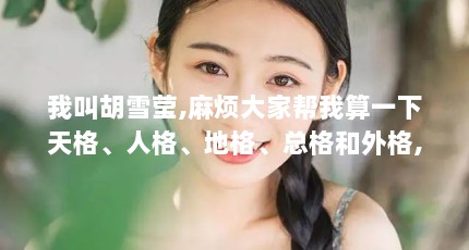 我叫胡雪莹,麻烦大家帮我算一下天格、人格、地格、总格和外格,再帮我...（河南墨斐迩商贸有限公司怎么样?）【胡雪莹的精神容易疲劳，财神会照顾您的属劳碌中得财】
